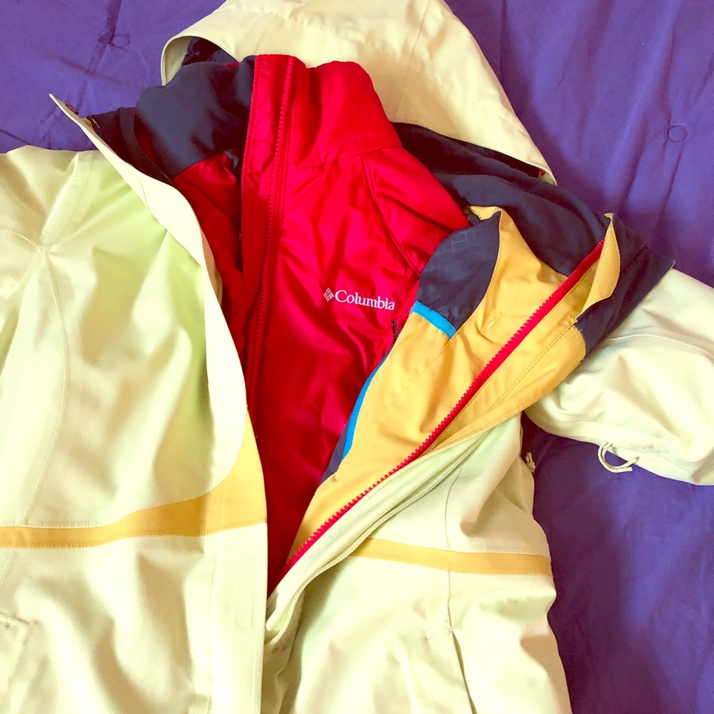 Bright yellow winter jacket with red puffer liner
